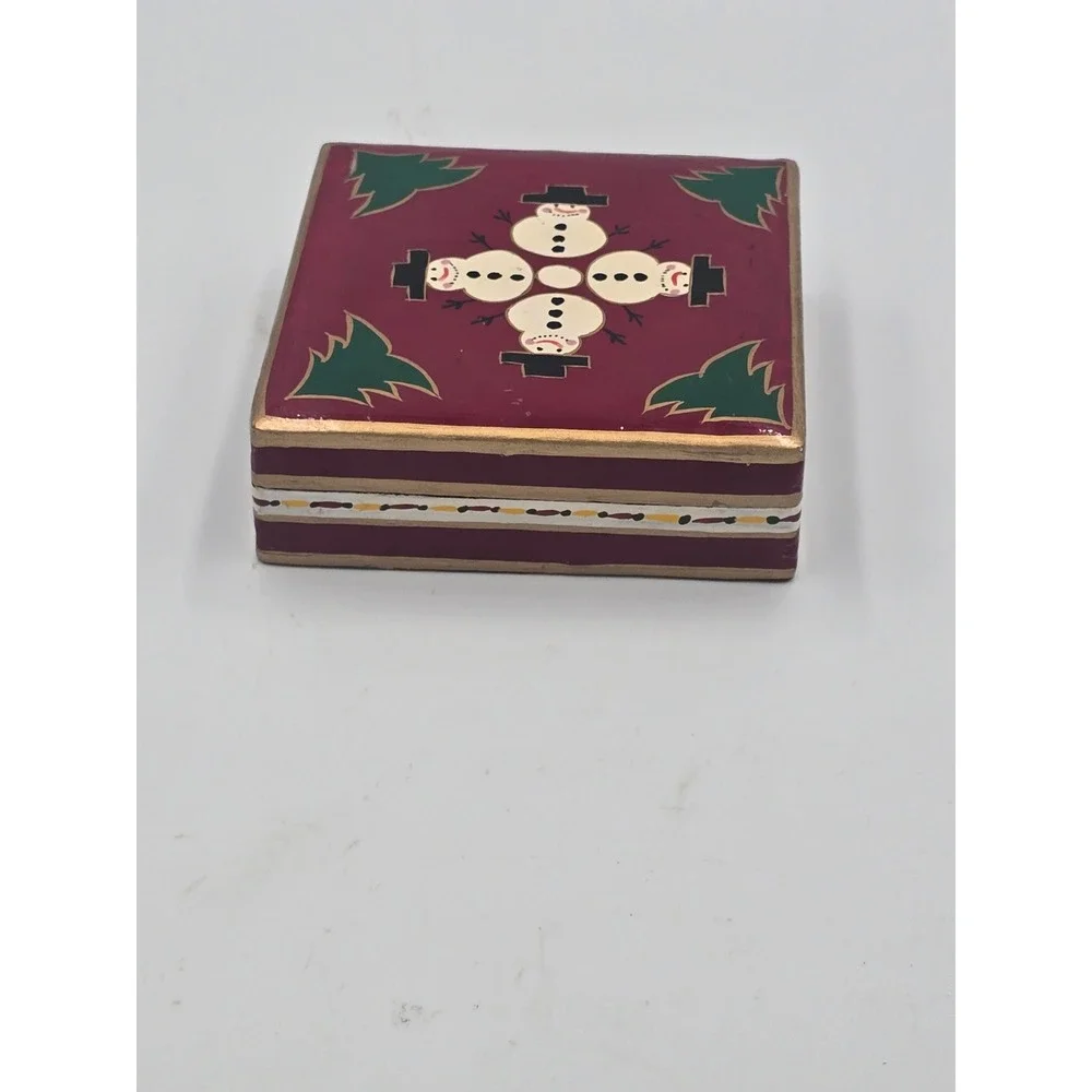 Vintage Foreside Hand-Painted Lacquer Wood Christmas Coaster Set of 6 with Box